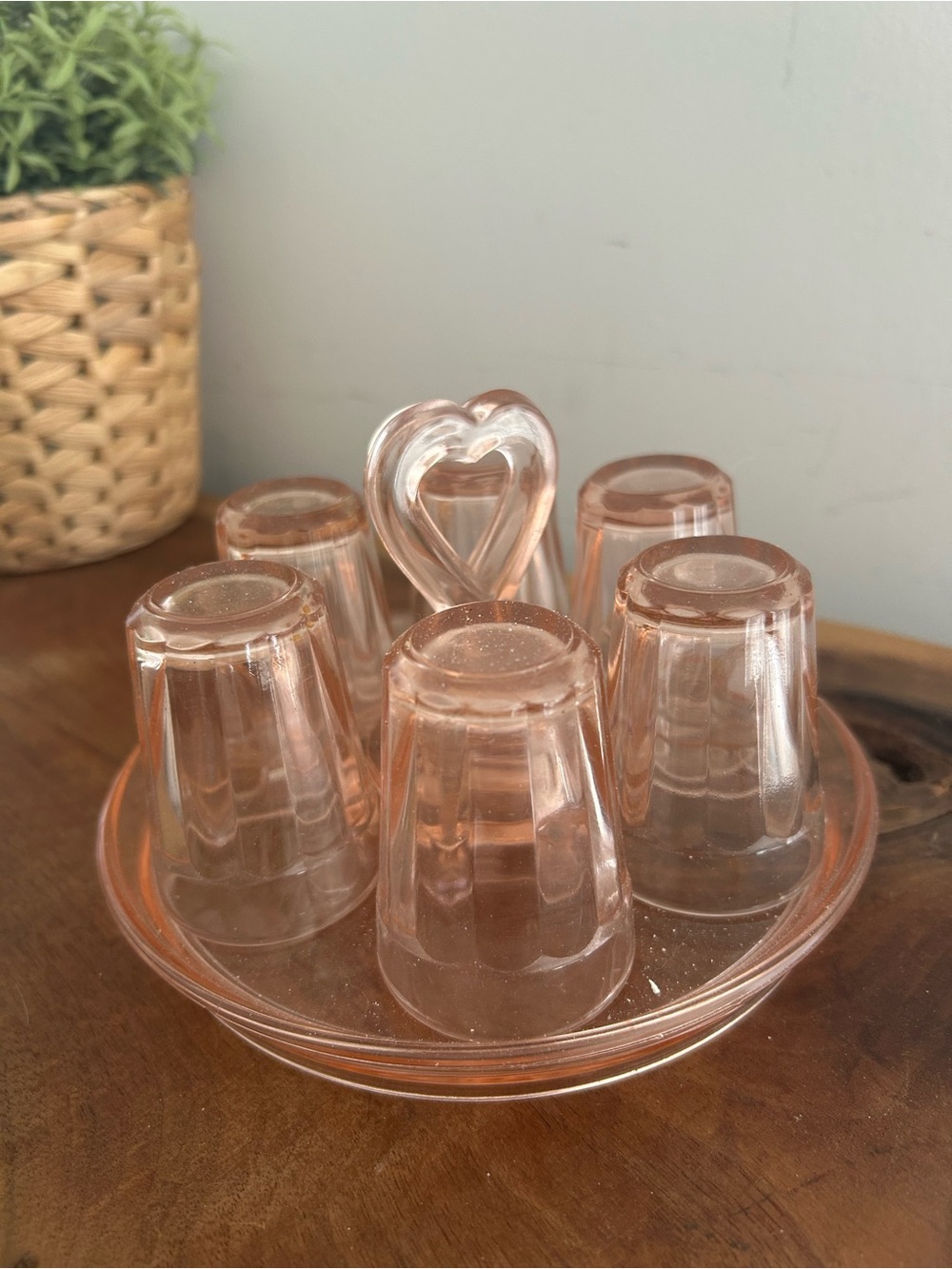 Rare-Pink Depression Glass 6 shot glasses  Heart Handle serving tray